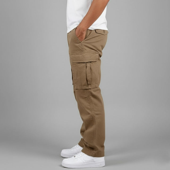 Streetwear inspired men's cargo pants, relaxed fit, featuring ample side pocket storage.