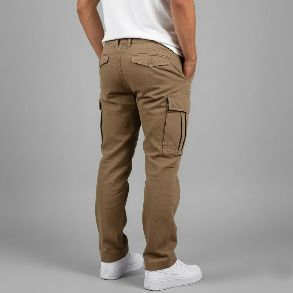 Casual grey men's cargo pants, relaxed silhouette, ideal for everyday streetwear fashion.