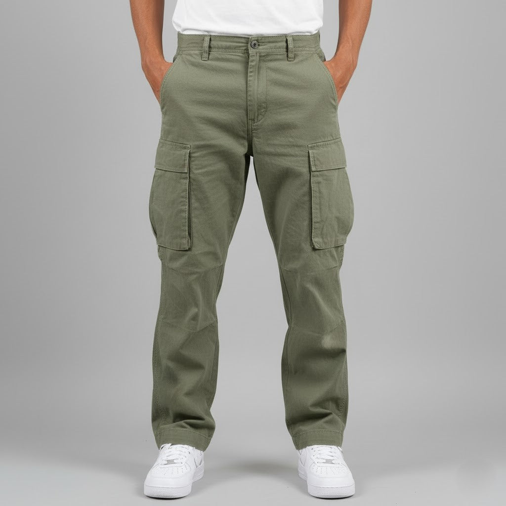 Men's relaxed fit khaki cargo pants with prominent side pockets, a streetwear essential.