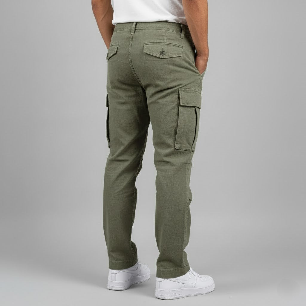 Fashionable men's relaxed fit cargo trousers with practical side pockets for urban wear.