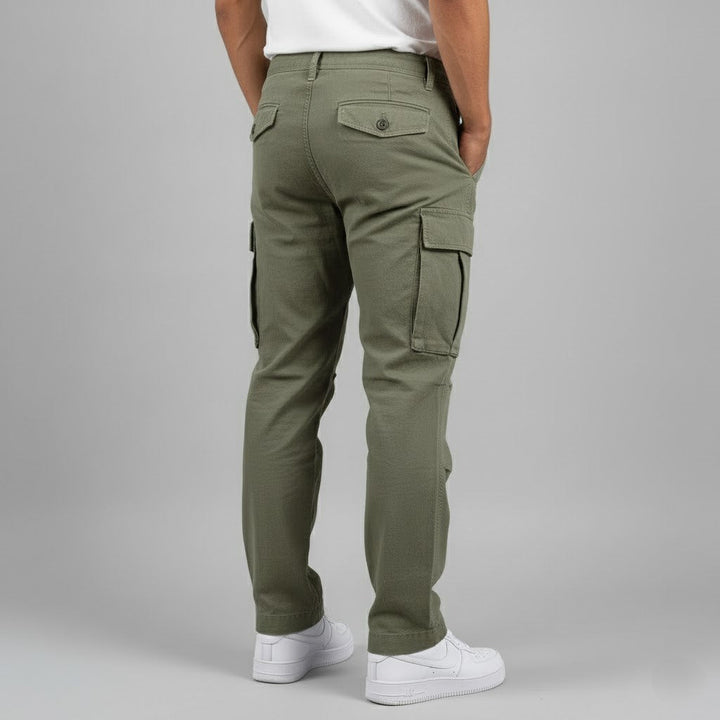 Fashionable men's relaxed fit cargo trousers with practical side pockets for urban wear.