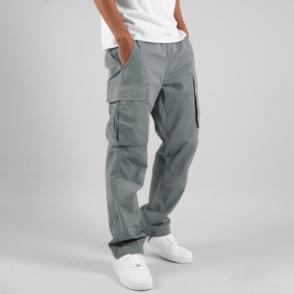 Comfortable and stylish men's relaxed fit cargo pants with utility side pockets.