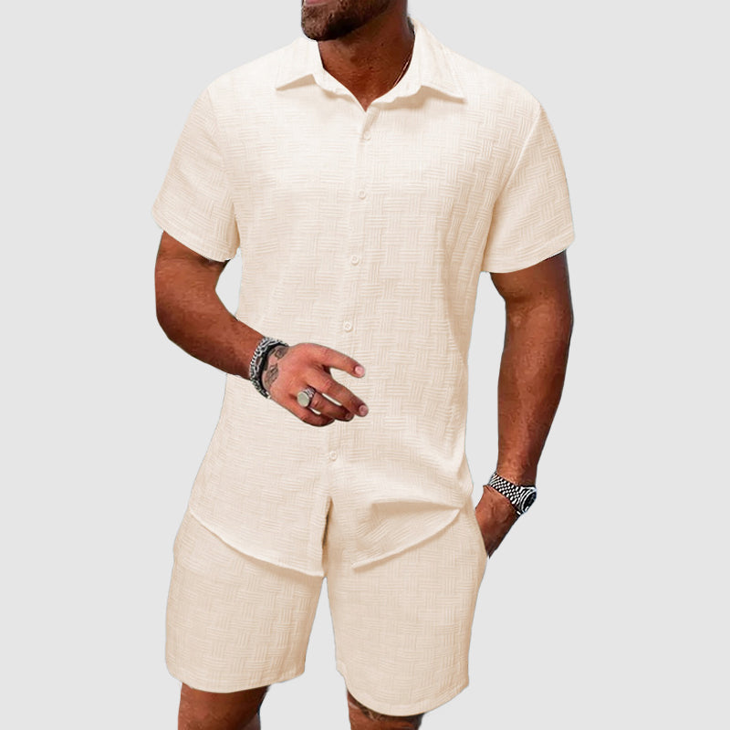 Men's relaxed fit button-down shirt & shorts set. Perfect two-piece summer casual wear for vacation.