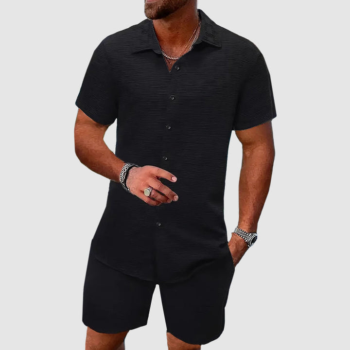 Men's vacation-ready relaxed fit shirt & shorts set. A fashionable two-piece for summer casual wear.
