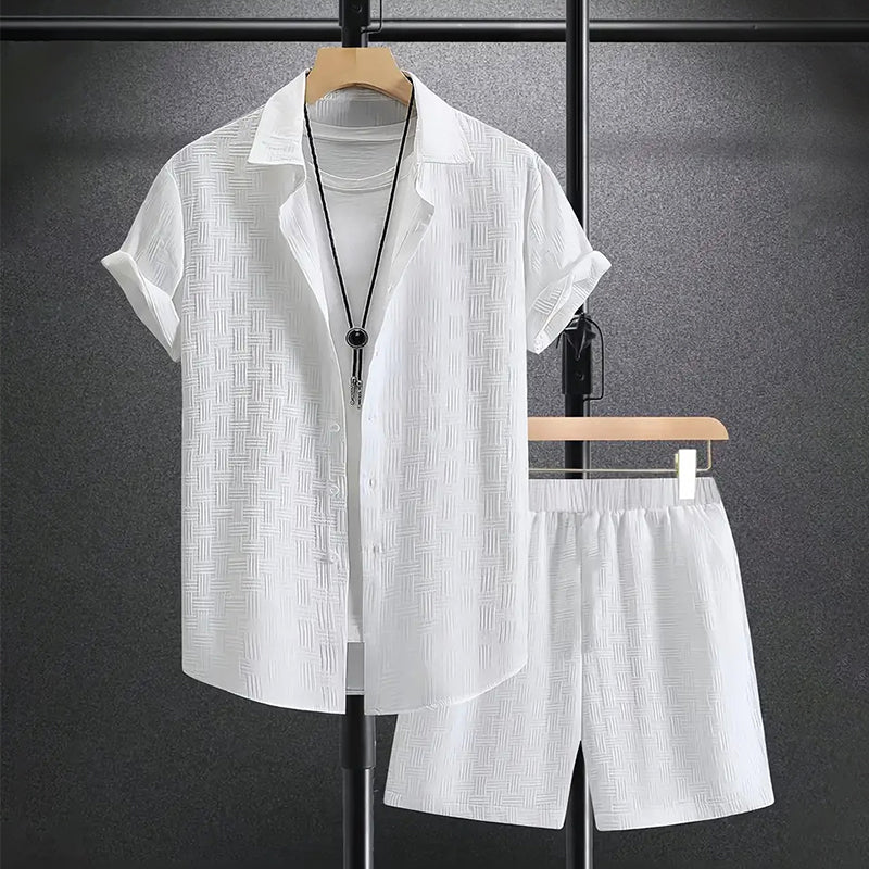 Modern men's relaxed button-down shirt & shorts set. Versatile casual wear, perfect for summer fashion.