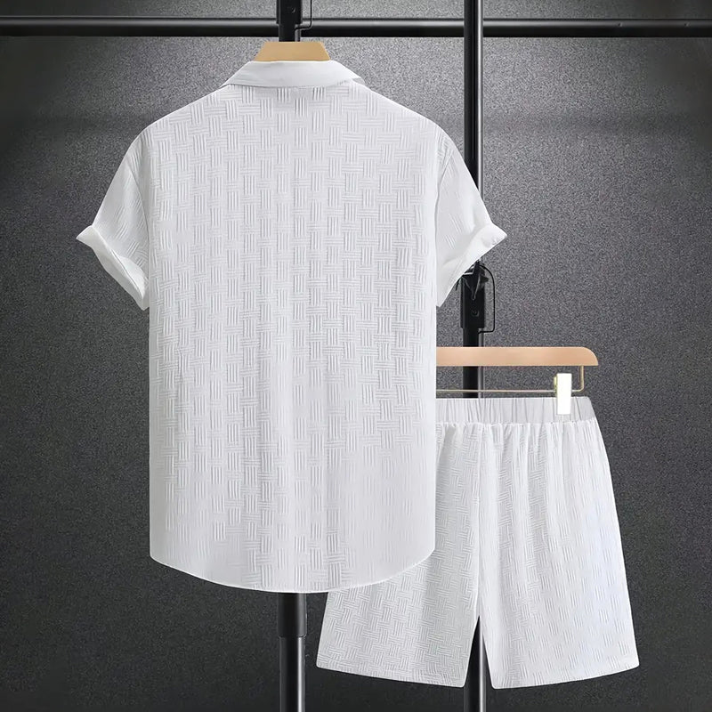 Men's complete summer look: a relaxed collared shirt and shorts set, great for beach or casual outings.