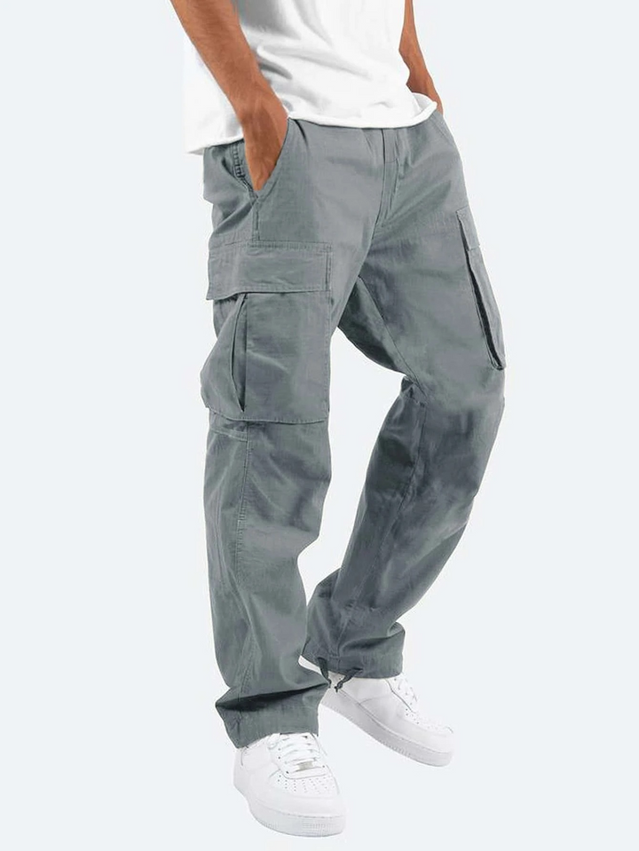 Comfortable men's relaxed fit cargo pants. Versatile, straight leg design with multi-pockets for casual everyday wear.