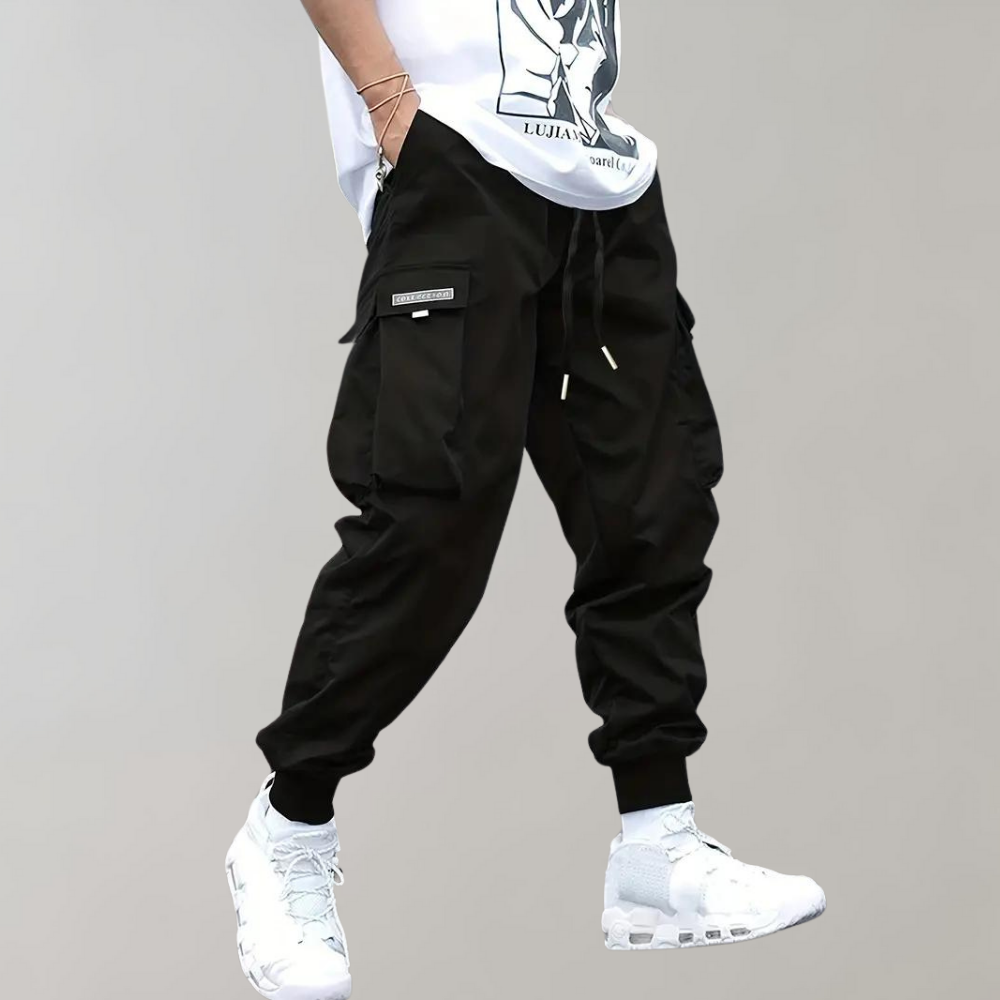 Versatile men's relaxed fit cargo trousers, drawstring waist, suitable for casual outings & comfortable daily wear.