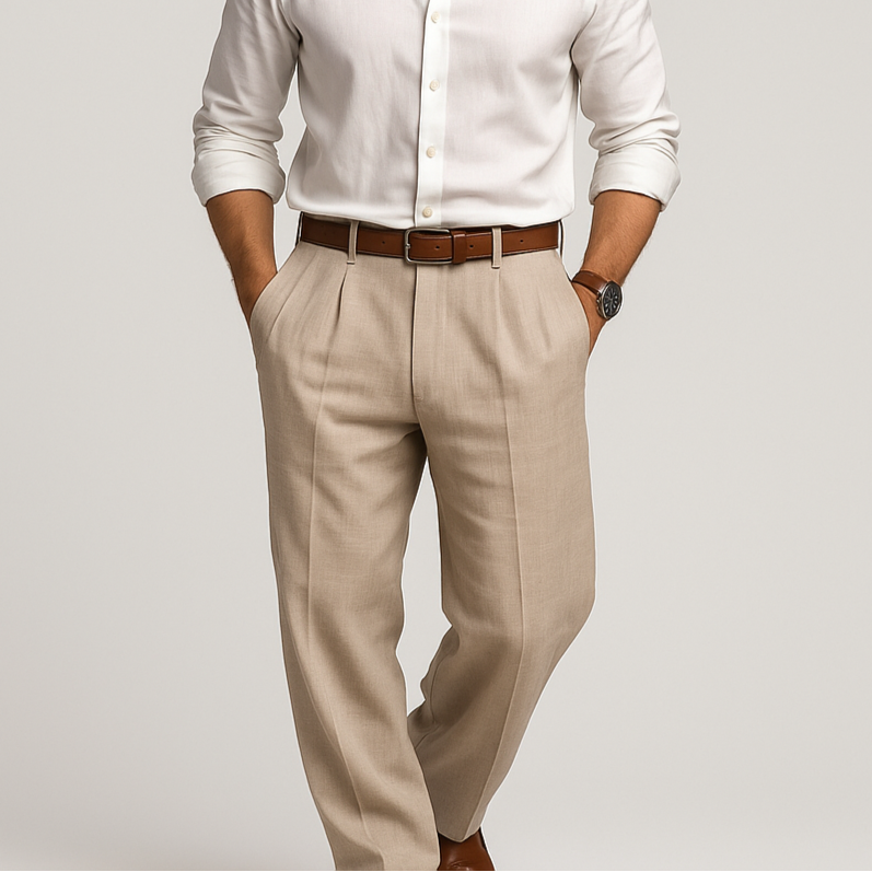Men's relaxed fit cotton linen casual trousers in light beige, perfect for summer fashion.