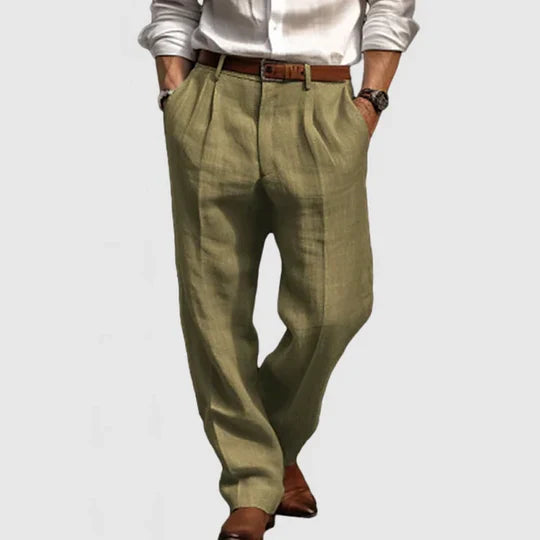 New men's casual cotton linen pants in navy blue for a relaxed, easy care summer style.