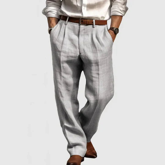 Stylish men's khaki cotton linen casual trousers, ideal for a comfortable summer look.