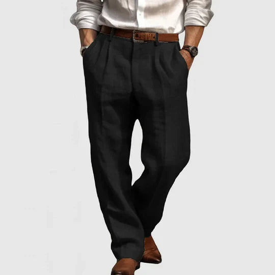 Men's straight leg cotton linen pants, showcasing a relaxed fit and easy care design.