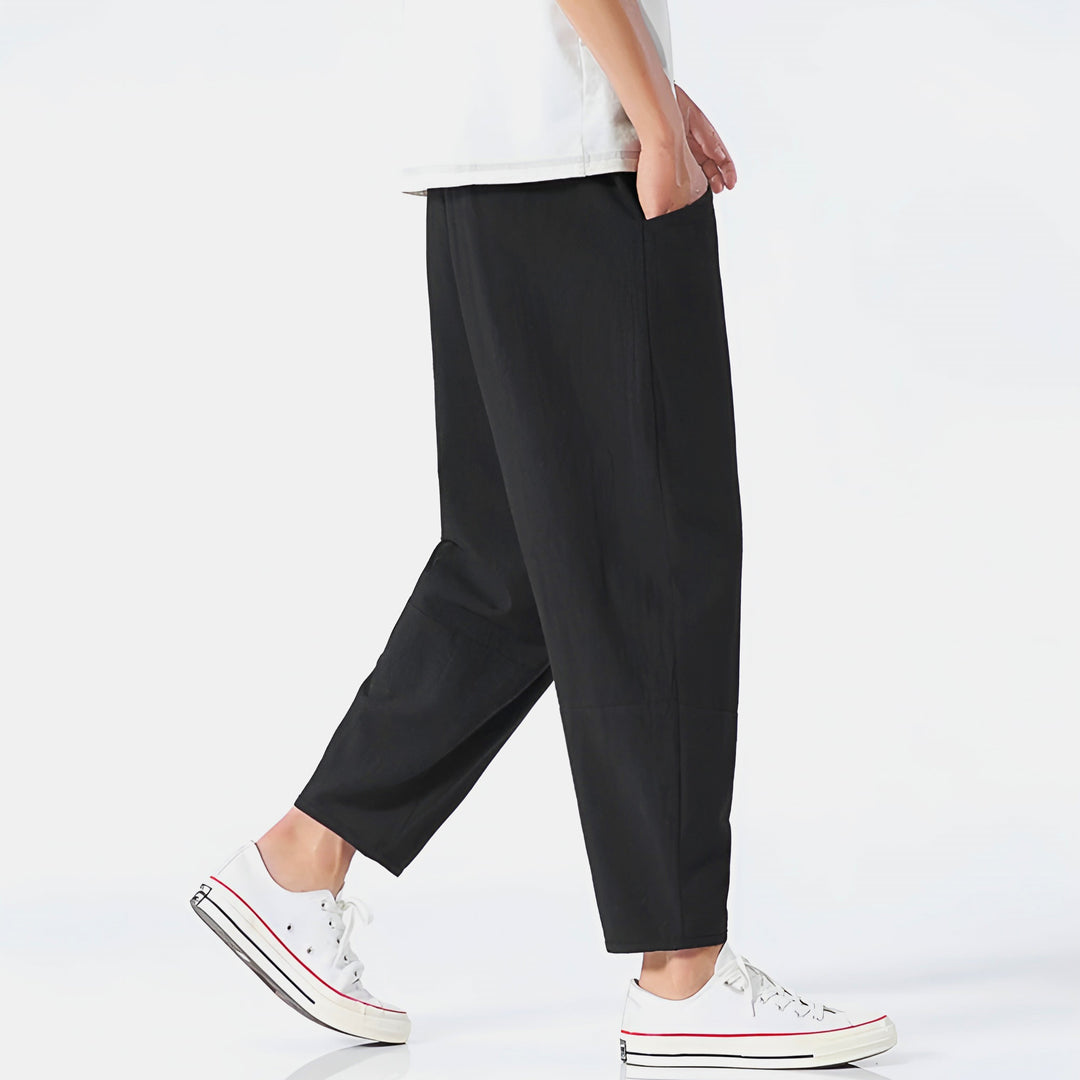 Soft men's relaxed fit cropped chinos, perfect for comfortable modern casual & summer fashion.