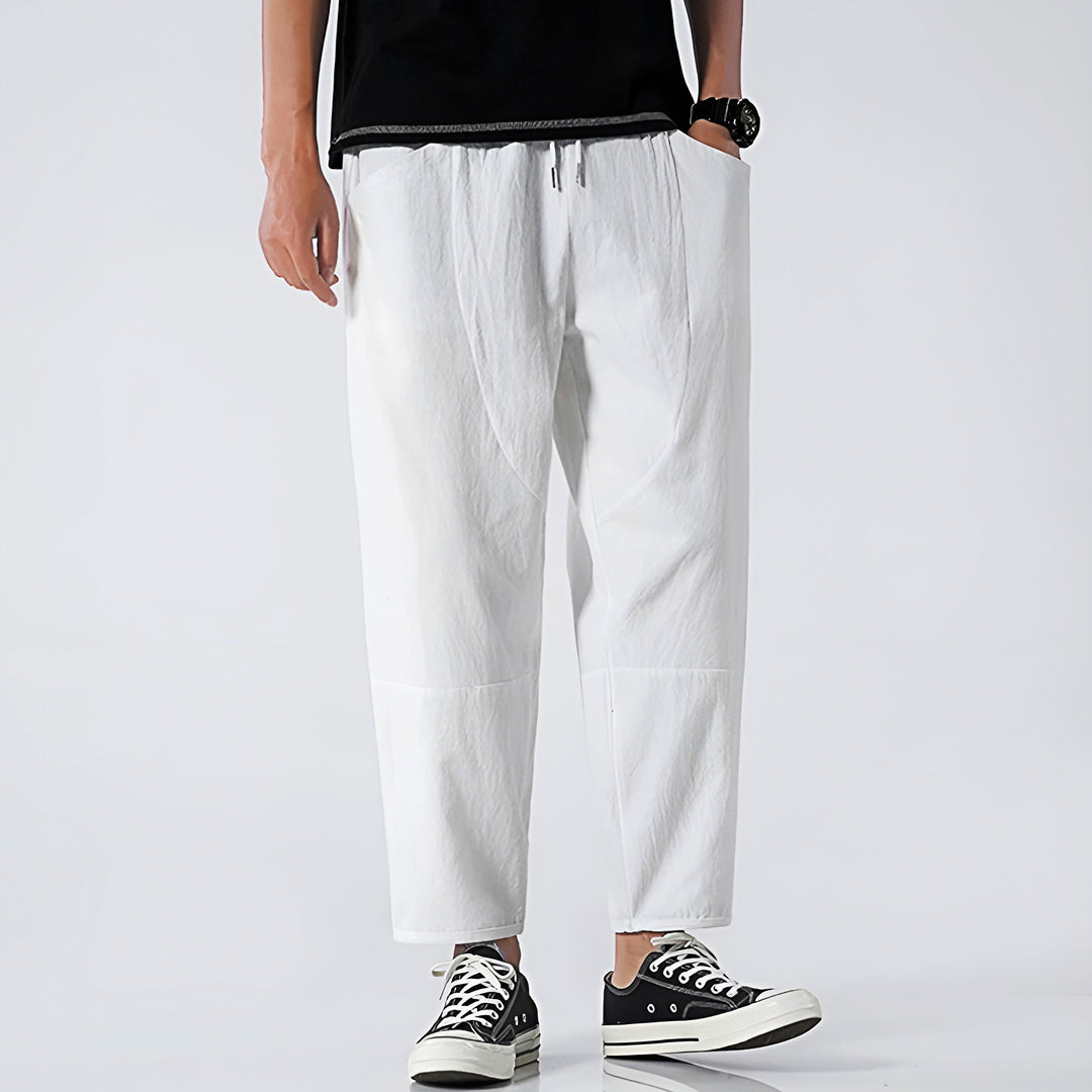 Versatile men's cropped chinos, relaxed fit, perfect for casual modern fashion & comfort.