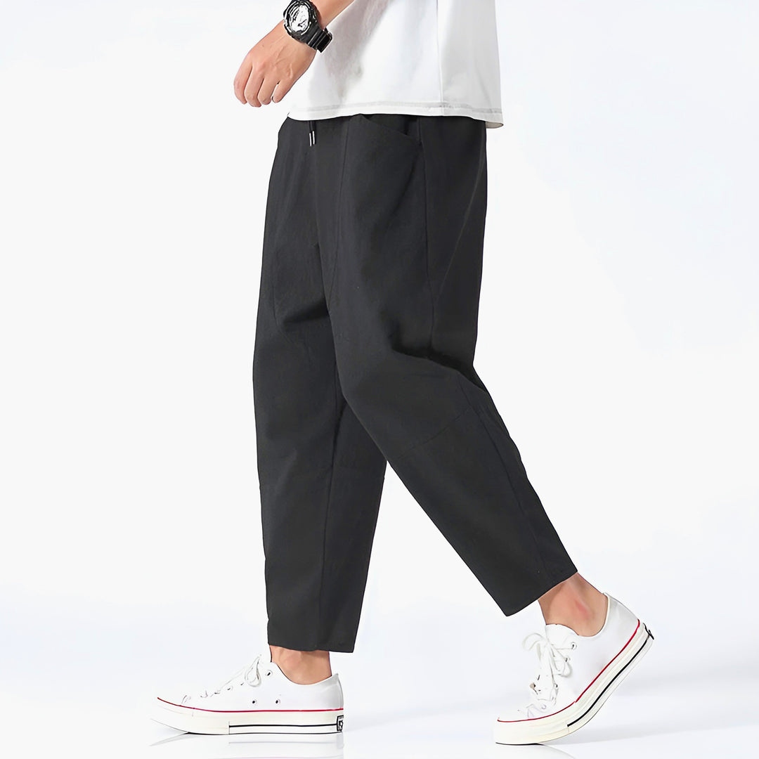 Front view: Men's relaxed fit cropped chinos, straight leg, ideal for summer casual wear.