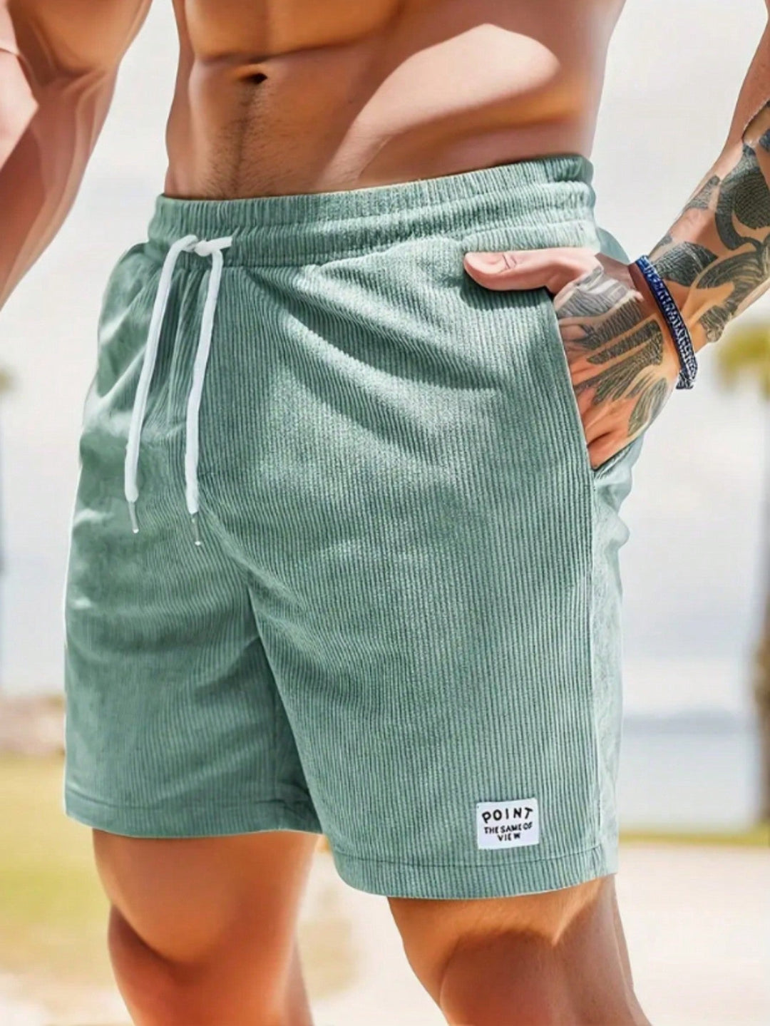 Close-up of the drawstring detail on men's relaxed fit casual shorts, showing adjustability and fit.
