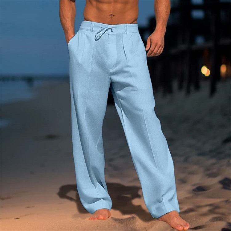Full shot of men's relaxed fit drawstring pants in a neutral color, versatile casual apparel.