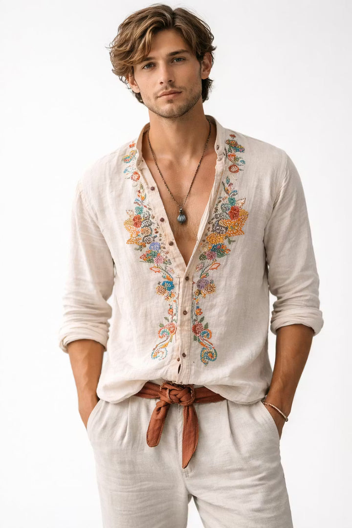 Men's relaxed fit floral embroidered button-up shirt, perfect for casual spring/summer wear.