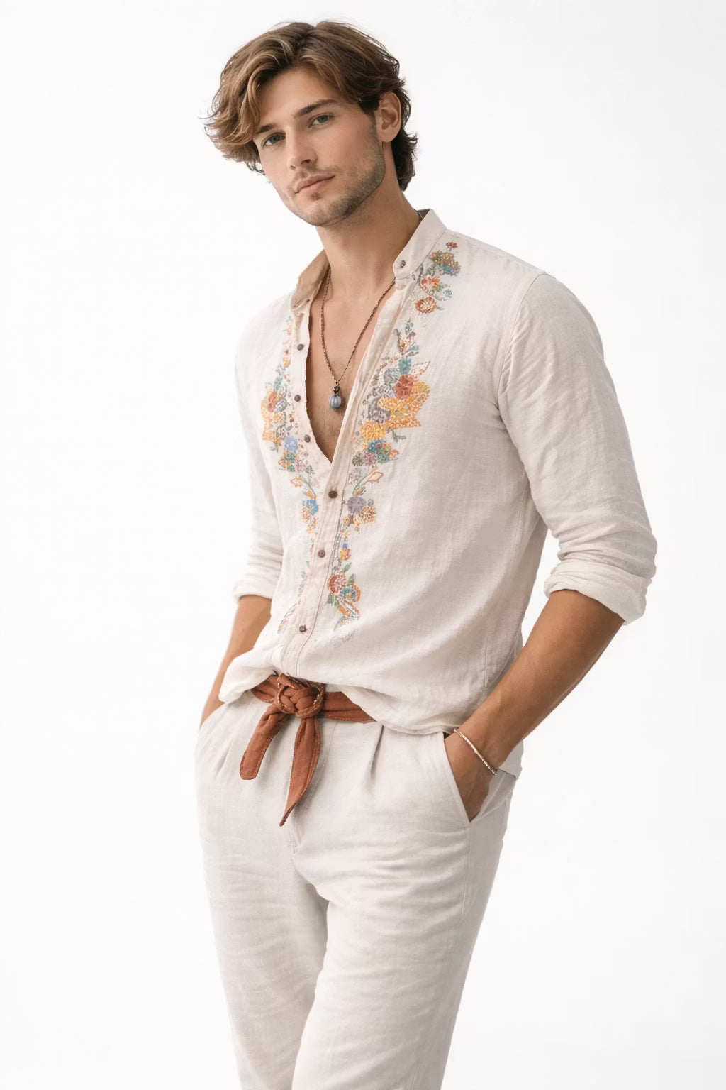 Smart casual men's long sleeve shirt with intricate floral embroidery & relaxed fit for weekend style.
