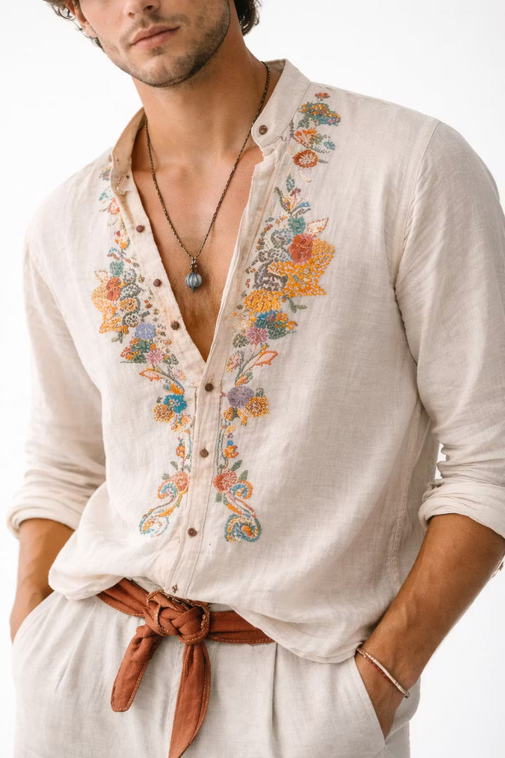 Versatile men's floral embroidered shirt, a relaxed fit button-up ideal for spring and summer outings.