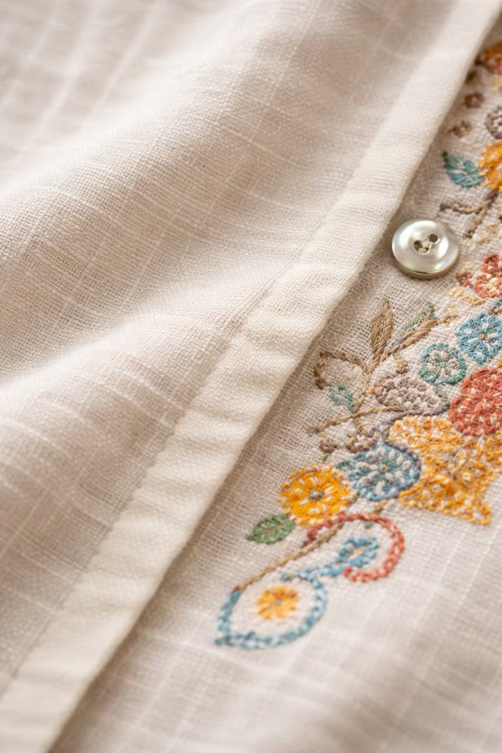 Casual men's relaxed fit shirt with vibrant floral embroidery, perfect for summer vacations.