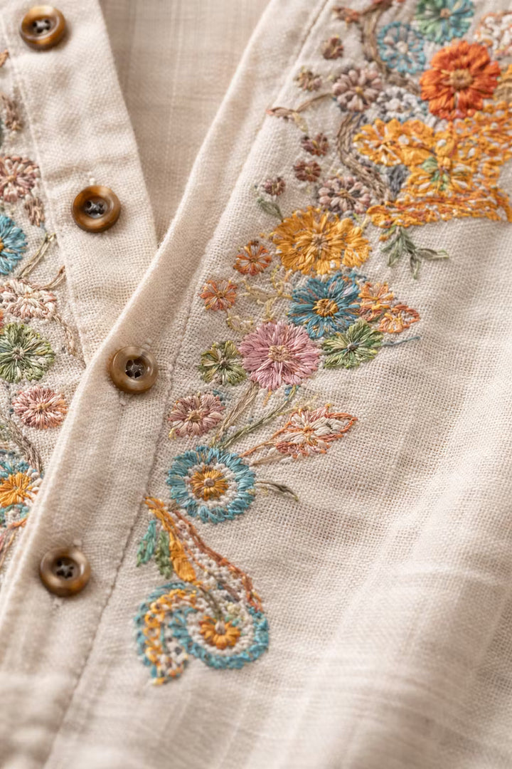 Embroidered men's button-up shirt, long sleeve, with a relaxed fit and beautiful floral design.
