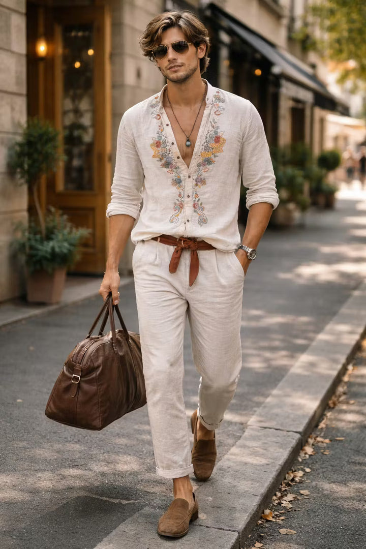 Comfortable men's spring/summer shirt: relaxed fit, long sleeve, featuring elegant floral embroidery.