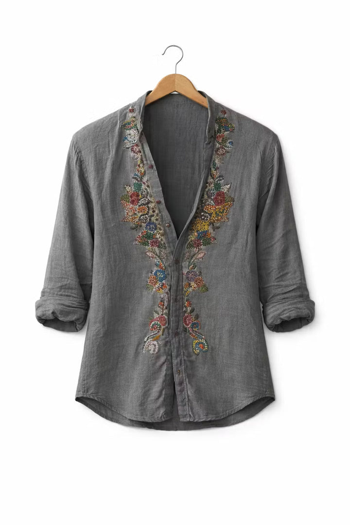 Men's versatile floral embroidered shirt, a relaxed fit long sleeve button-up for smart casual looks.