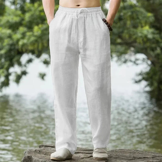 Men's relaxed fit khaki linen blend beach pants with drawstring waist