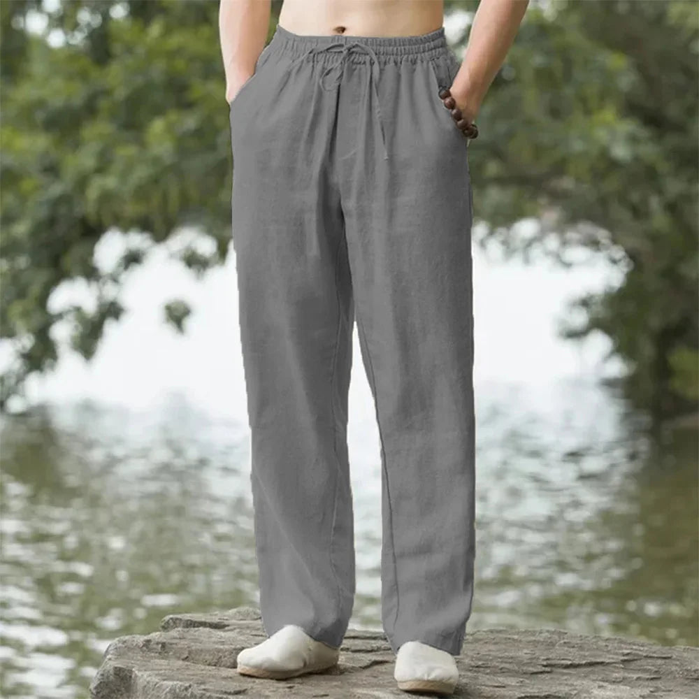 Stylish sky blue men's linen beach pants, perfect for summer casual wear