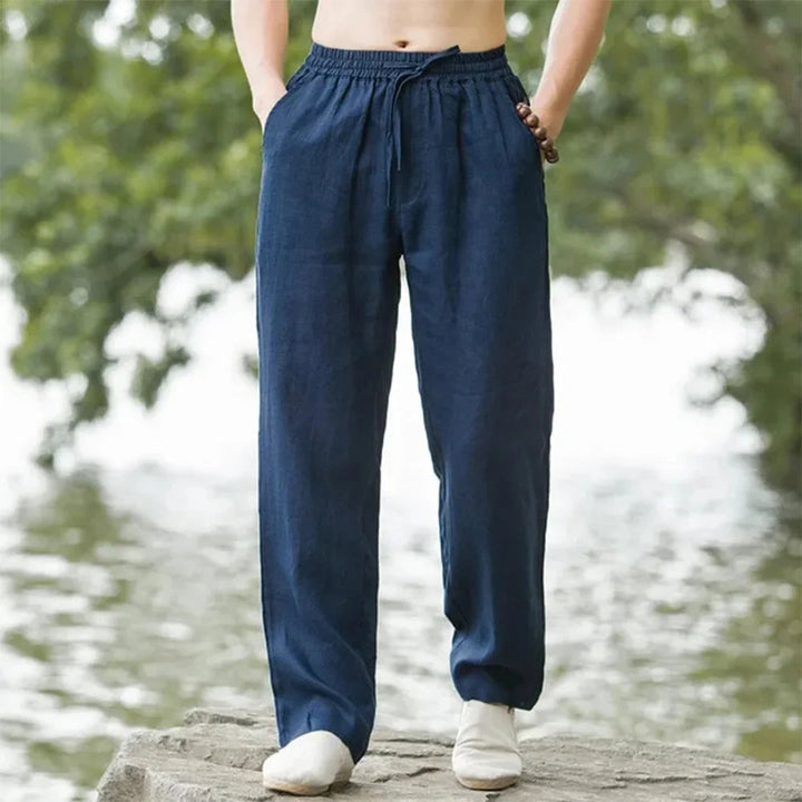 Gray men's breathable linen blend casual pants, ideal for beach and summer fashion