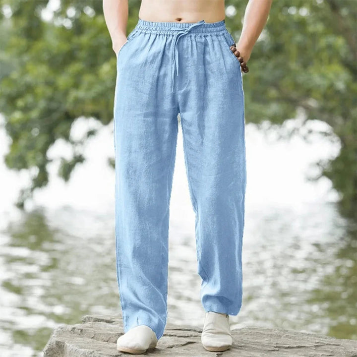 Navy blue men's linen blend beach pants, offering a relaxed fit and breathable fabric