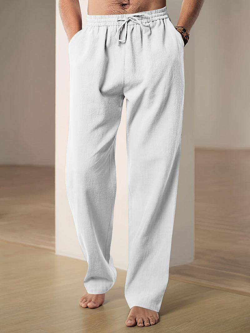 Men's relaxed fit linen blend drawstring pants in light beige, ideal for casual wear and comfort.