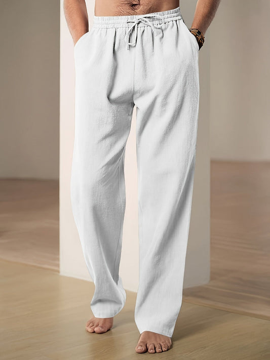 Men's relaxed fit linen blend drawstring pants in light beige, ideal for casual wear and comfort.