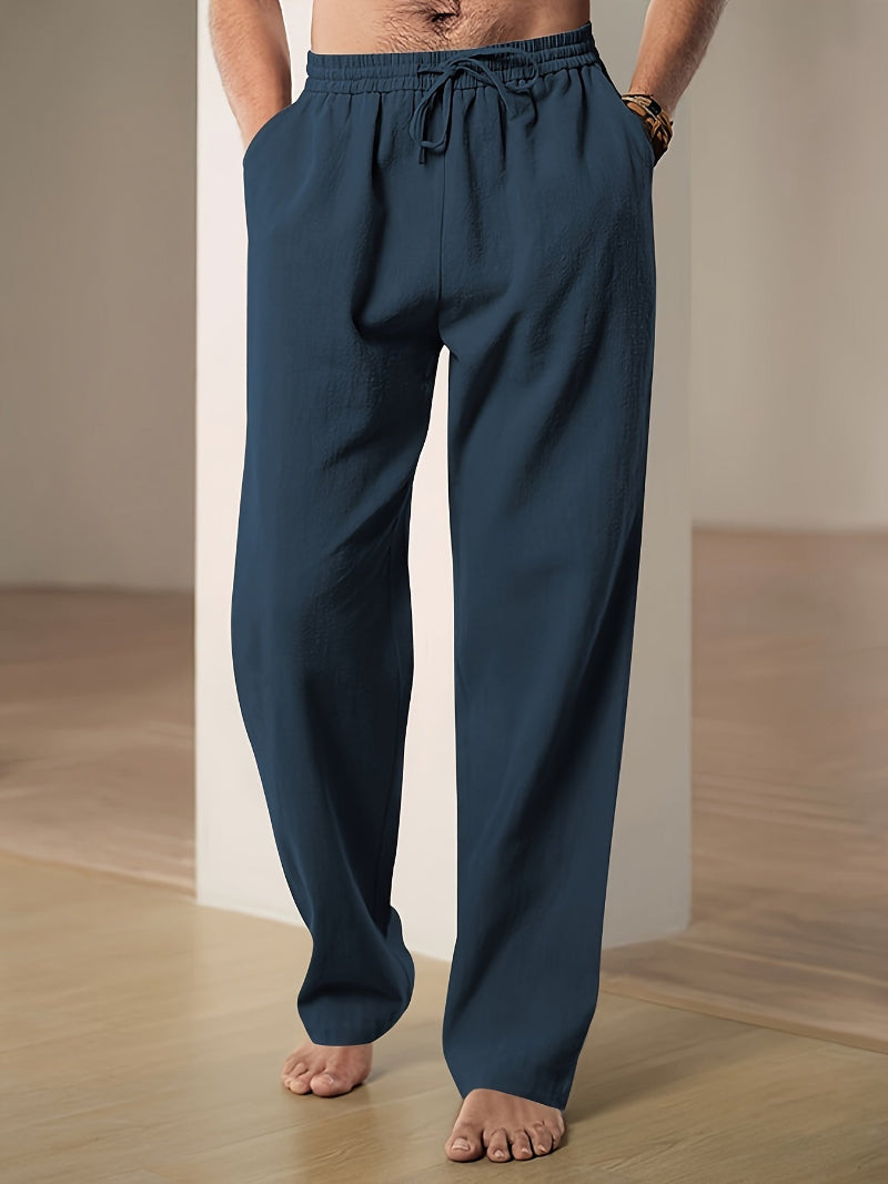 Straight leg men's drawstring linen blend pants in a neutral tone, perfect for everyday comfort.