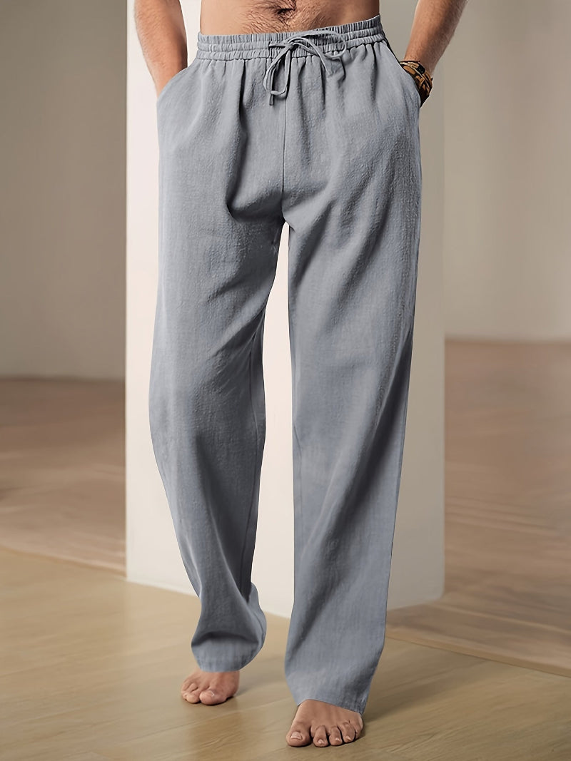 Full shot of men's relaxed fit linen blend pants, showcasing the comfortable and stylish design.