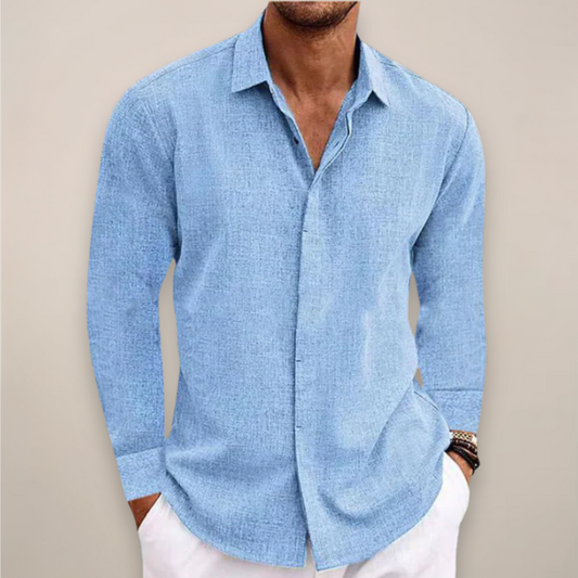 Men's relaxed fit linen blend long sleeve button-up shirt in light blue, perfect for summer casual wear.