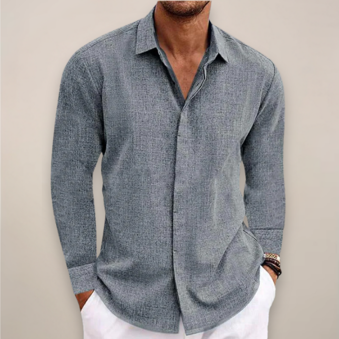 Casual men's relaxed fit long sleeve button-up shirt made from a comfortable linen blend, front view.