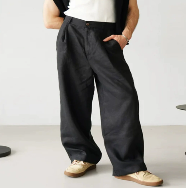 Men's relaxed fit linen blend trousers in a light color, perfect for breathable summer casual wear.