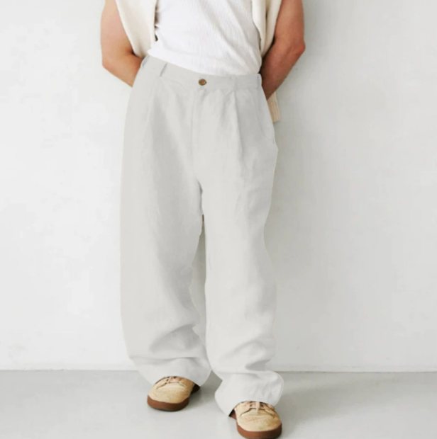 Comfortable men's relaxed fit linen blend trousers for everyday wear, emphasizing lightweight and casual style.