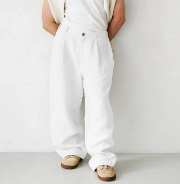 Mens linen blend relaxed fit trousers, ideal summer pants with a focus on breathable men's fashion.