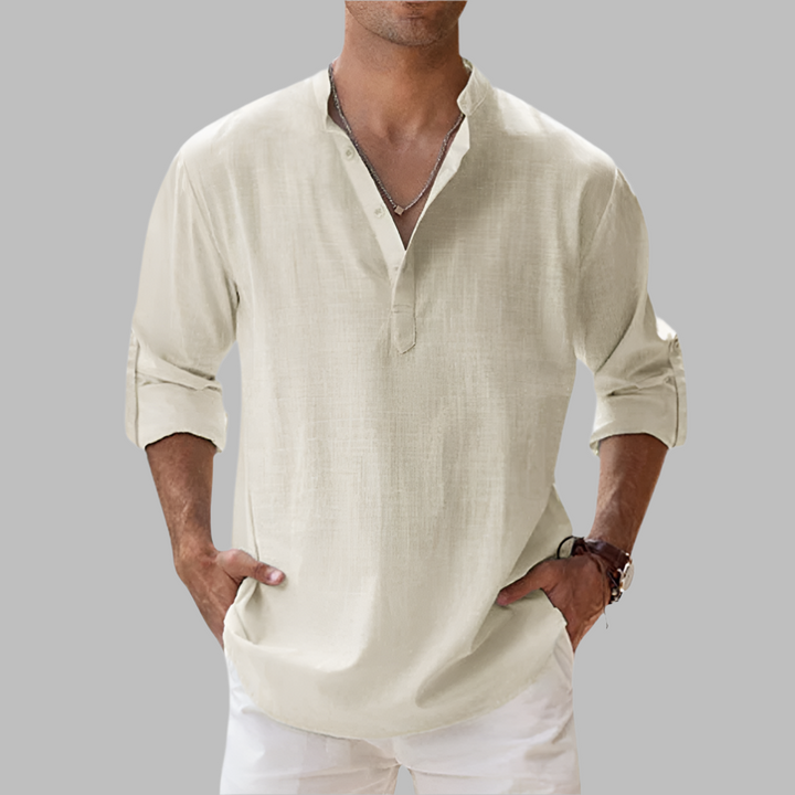 White linen long-sleeve men's shirt, relaxed fit, a staple for beach wear outfits