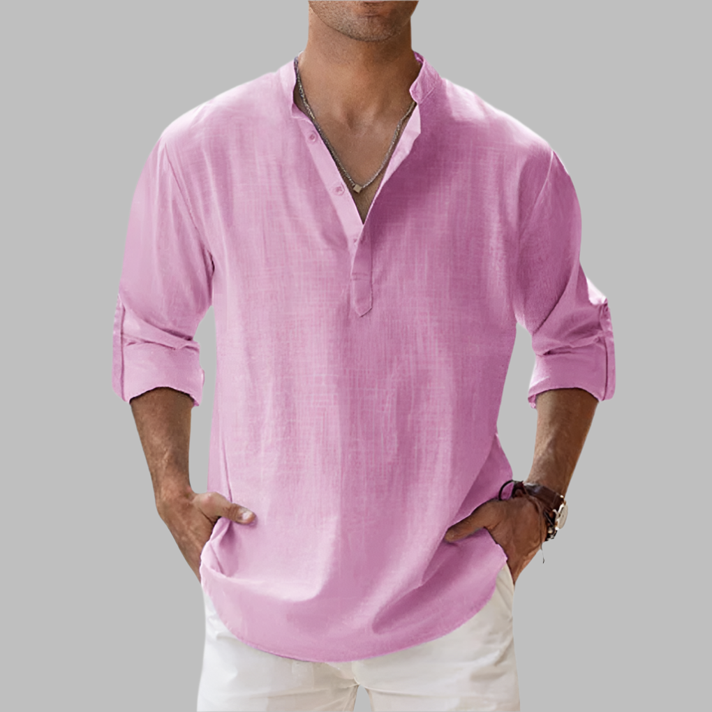 Close-up of a men's relaxed fit linen shirt fabric, showing its lightweight texture