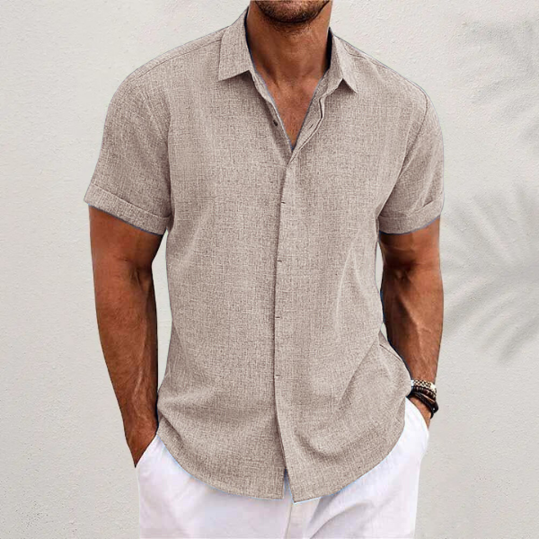 Light, airy men's short sleeve linen shirt, a versatile breathable top for summer casual and vacation style.