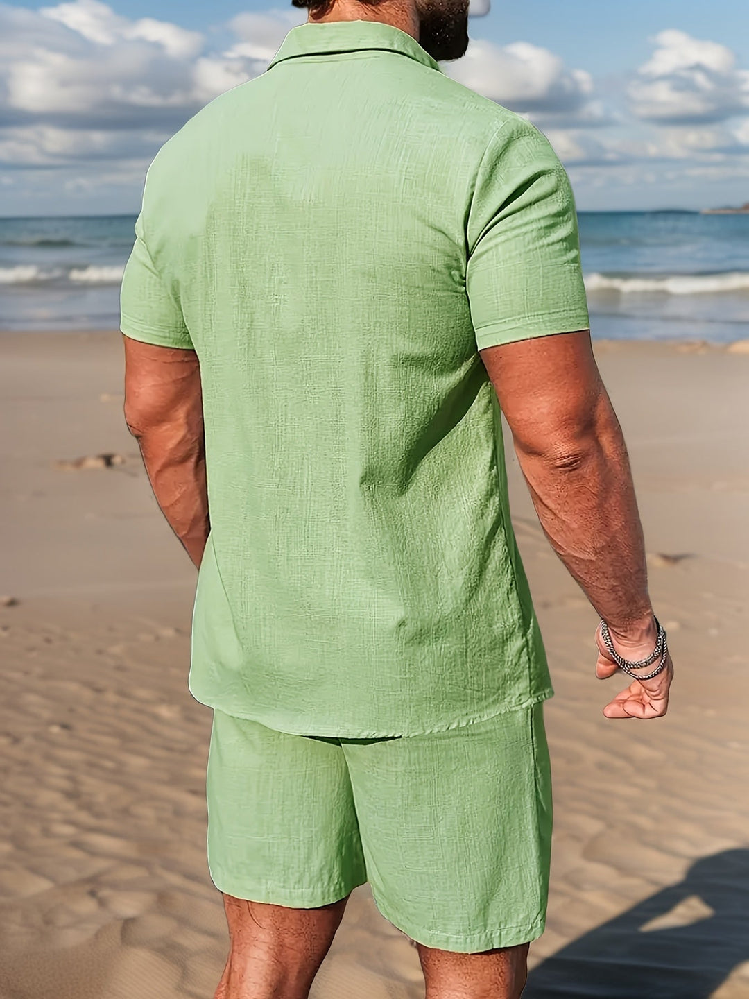Men's casual warm weather set: relaxed fit linen shirt and comfortable shorts, perfect for daily wear.