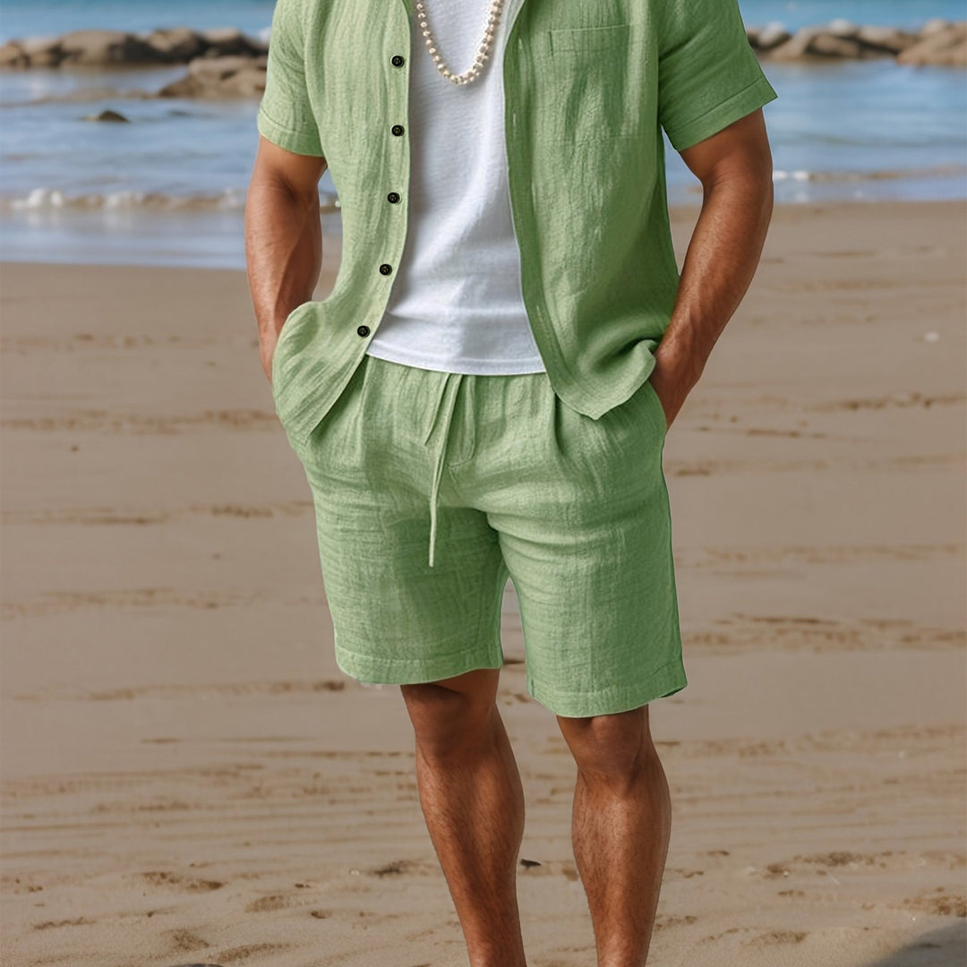 Relaxed men's summer fashion: linen shirt & shorts set, ideal for beach trips & casual outings.