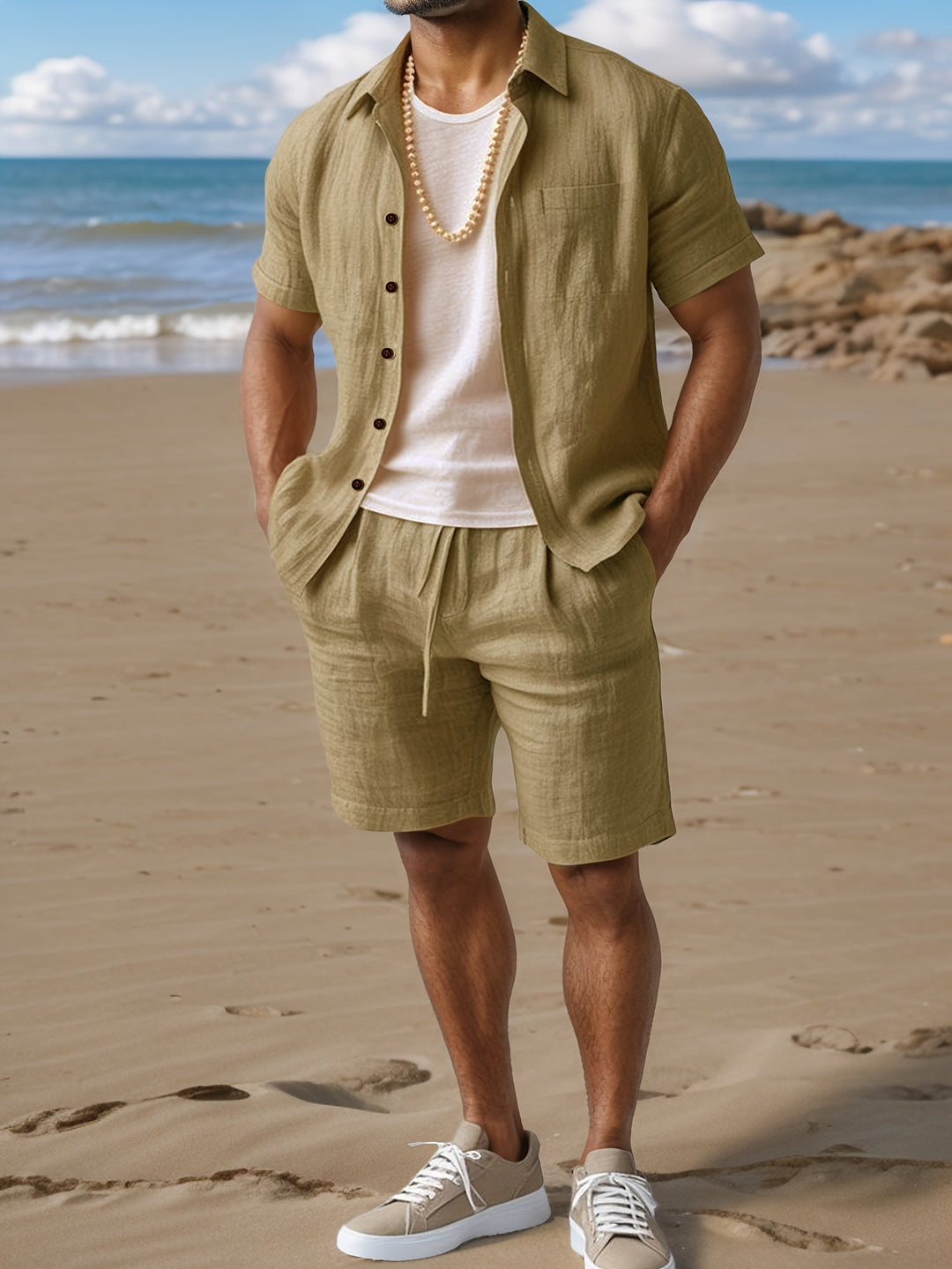 Casual men's two-piece summer outfit: breathable linen shirt & matching shorts for warm weather comfort.