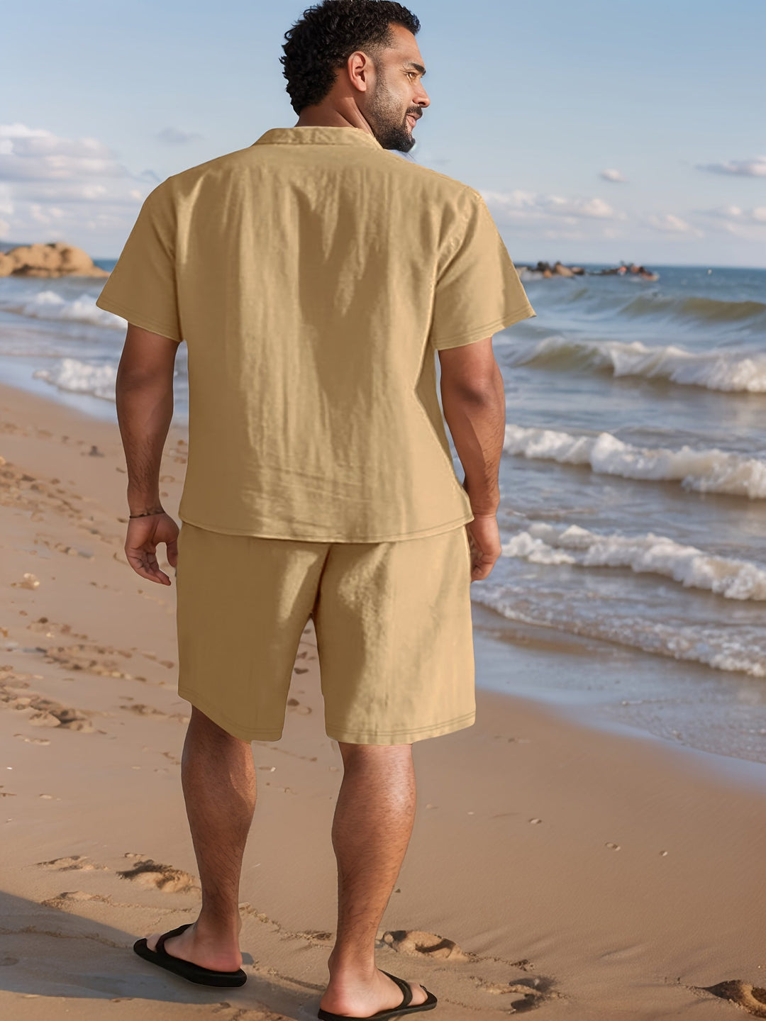 Lightweight men's linen summer set: relaxed fit short sleeve shirt & elastic waist shorts for comfort.
