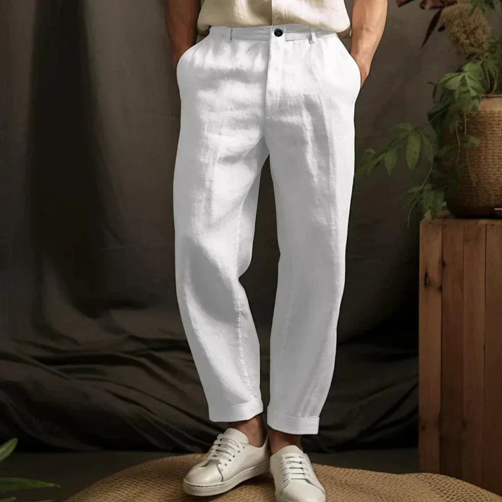 Lightweight men's linen casual trousers, breathable fabric ideal for summer outfits and relaxed beach style.