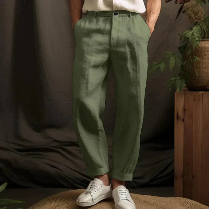 Stylish men's airy linen trousers, perfect for summer, offering a comfortable relaxed fit for casual and beachwear.